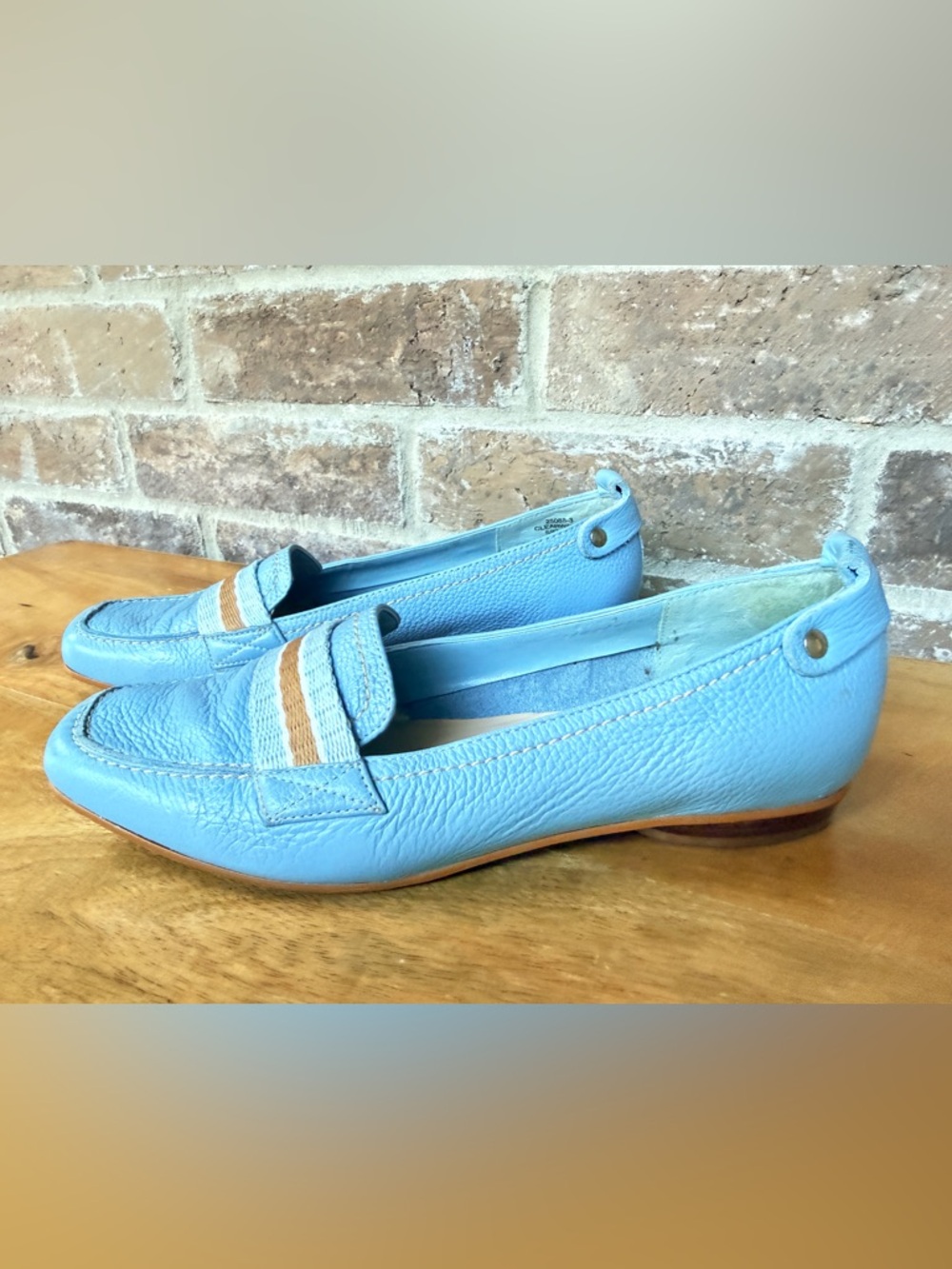Connie Light Blue Leather Loafers with Brown Accent Stripe - Picture 2 of 4